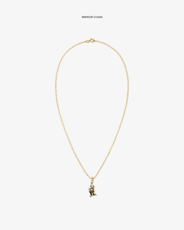 14Kt Gold Musician Pendant necklace with a dainty chain, shown on a white background.