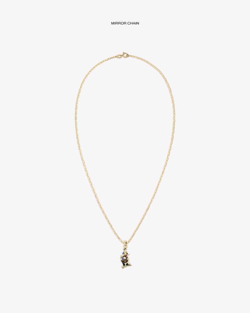 14Kt Gold Musician Pendant necklace with a dainty chain, shown on a white background.