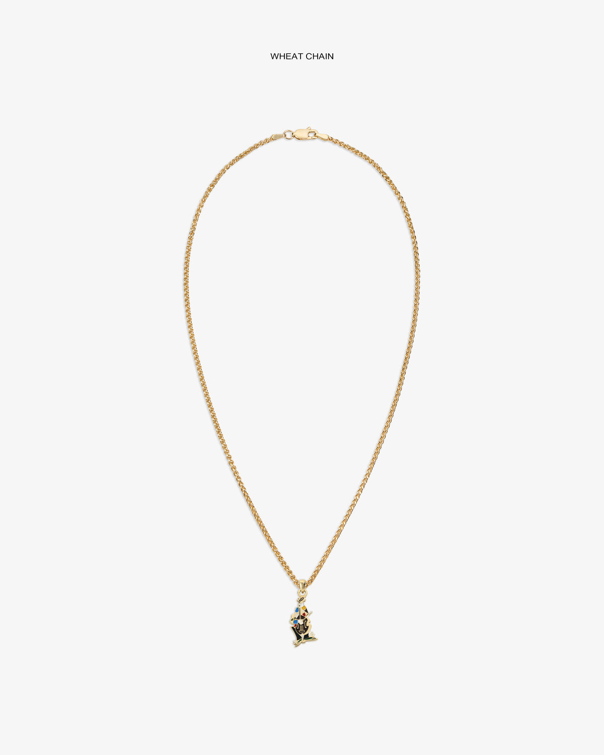 14Kt Gold Musician Pendant on a wheat chain, showcased center on white background.