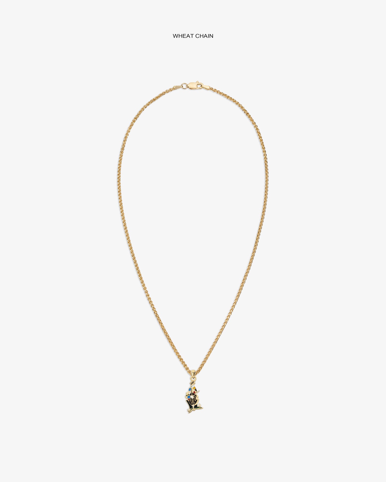 14Kt Gold Musician Pendant on a wheat chain, showcased center on white background.