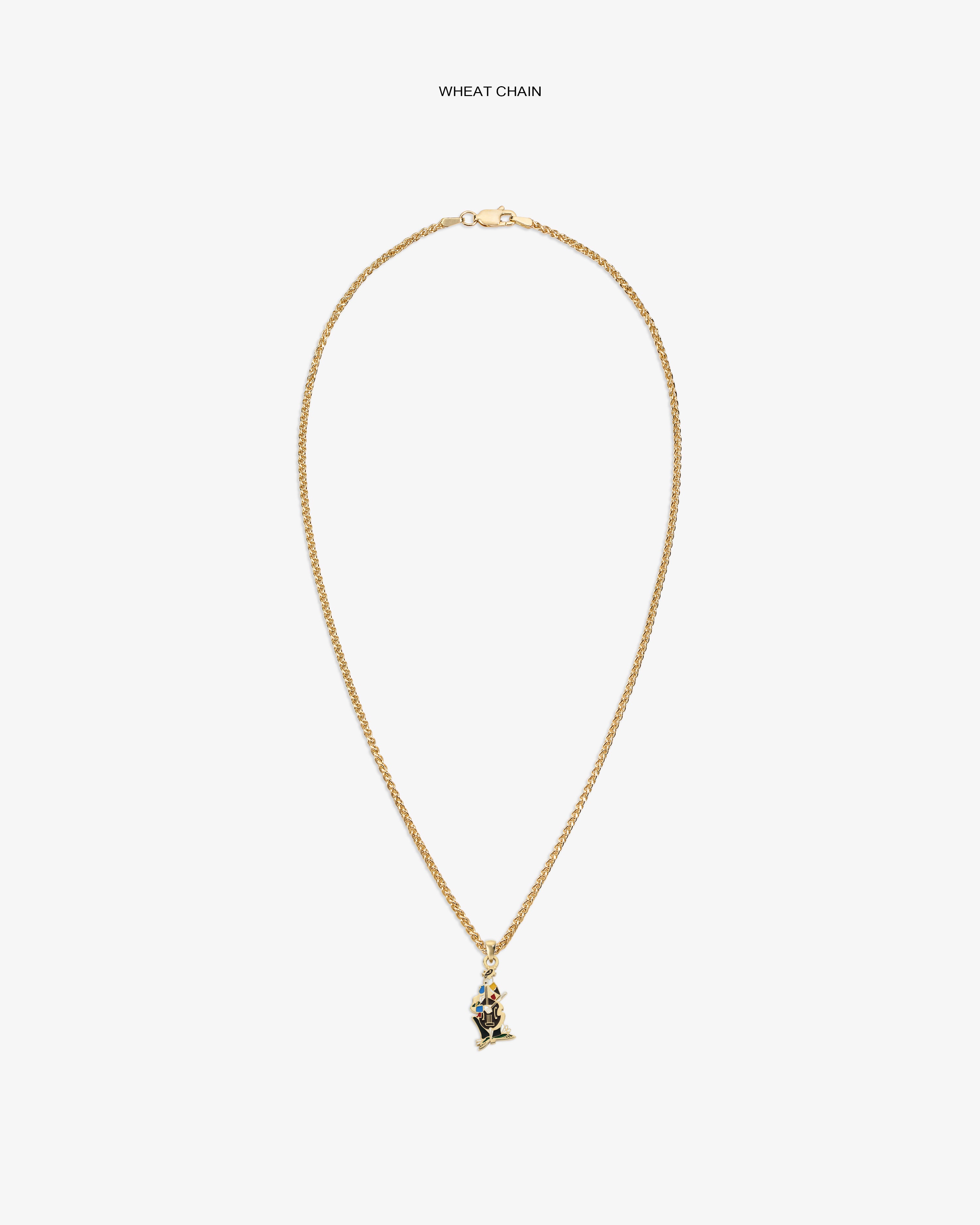 14Kt Gold Musician Pendant on a wheat chain, showcased center on white background.