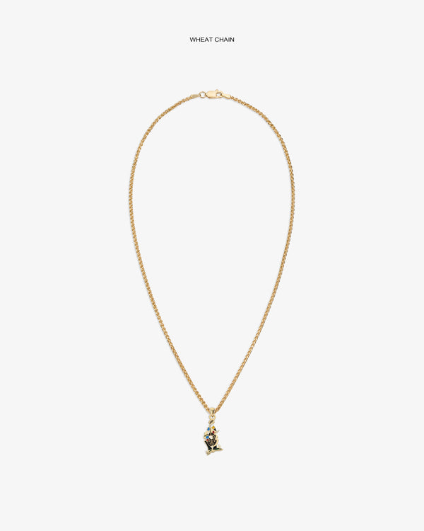 14Kt Gold Musician Pendant on a wheat chain, showcased center on white background.