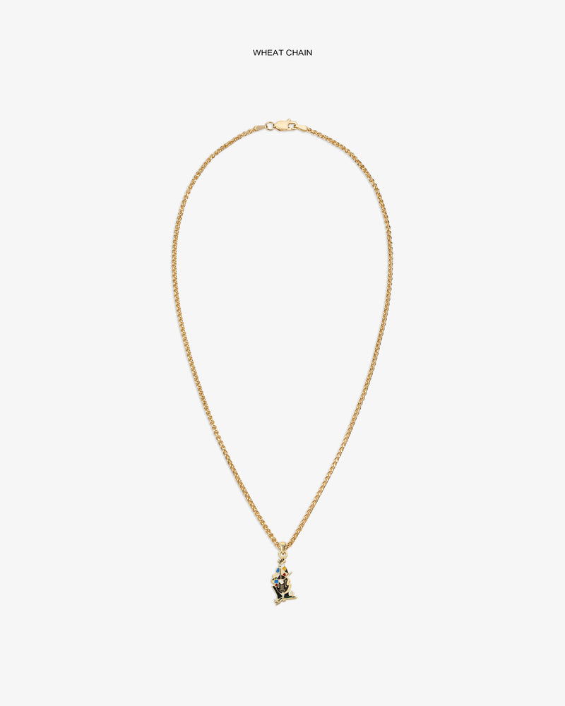 14Kt Gold Musician Pendant on a wheat chain, showcased center on white background.