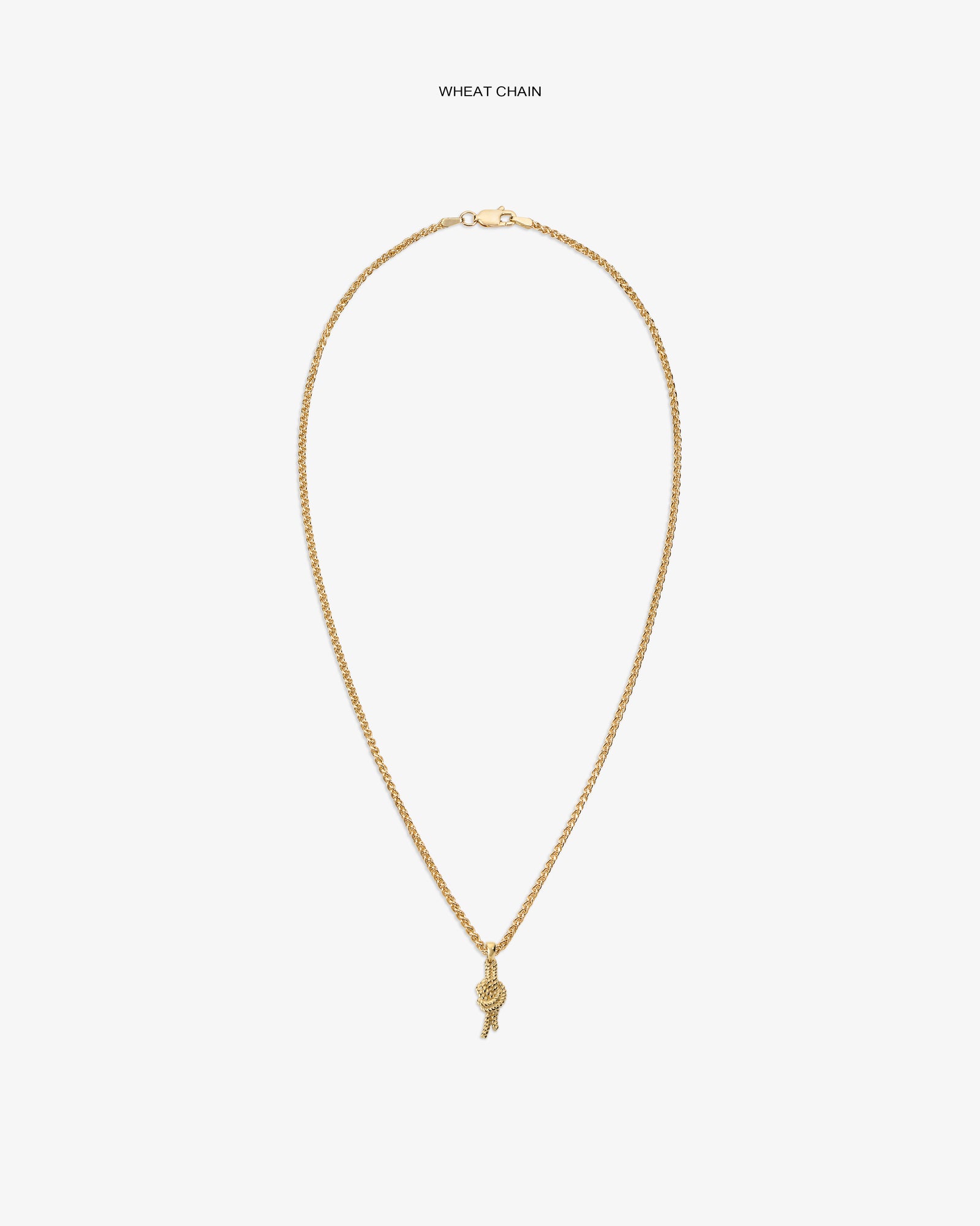 14Kt Gold Nautical Knot Pendant on a wheat chain with small charm, shown against a white background.