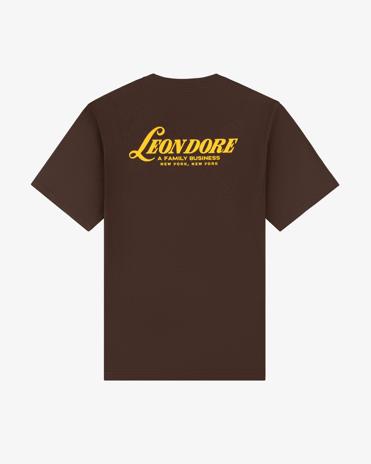 Brown Leon Dore Tee featuring yellow Leondore and "a family business, New York, New York" text on the back.