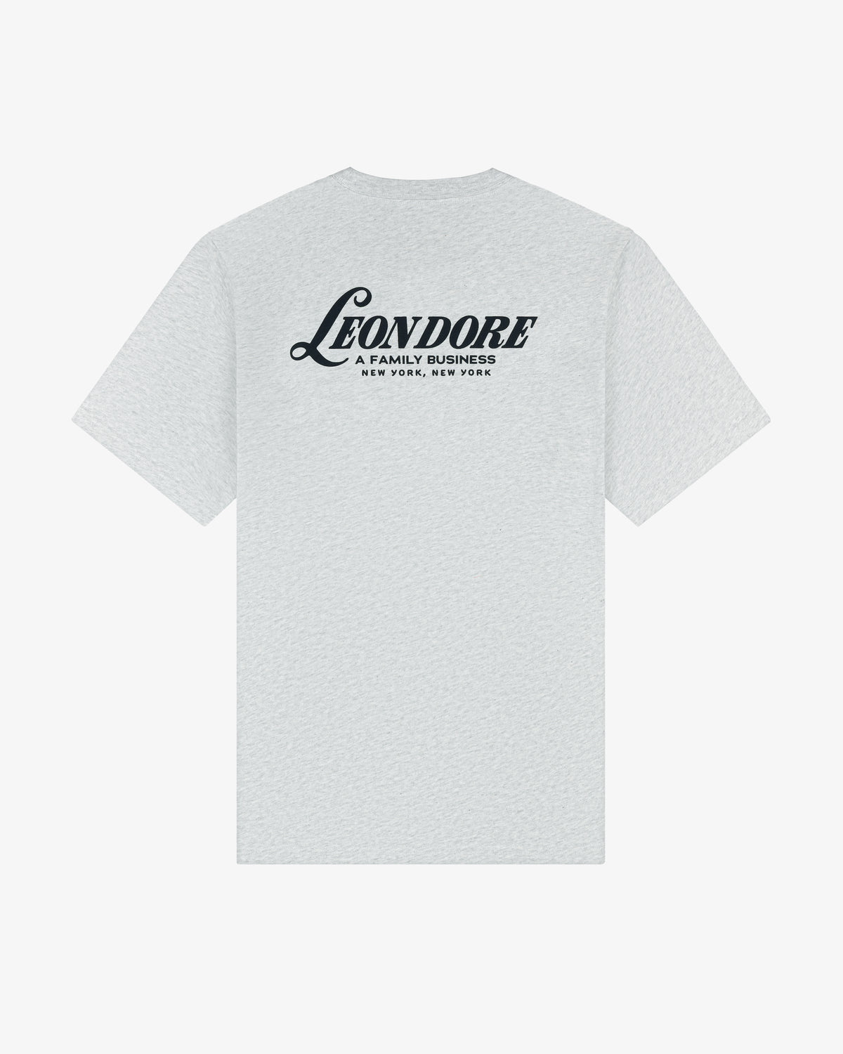 Light gray Leon Dore Tee with "A FAMILY BUSINESS NEW YORK, NEW YORK" in black on the upper back.