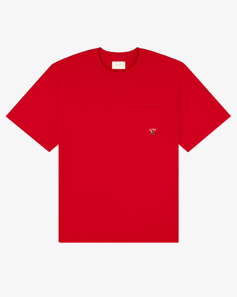 Bright red Crest Pocket Tee with short sleeves and a chest pocket featuring an embroidered flower.