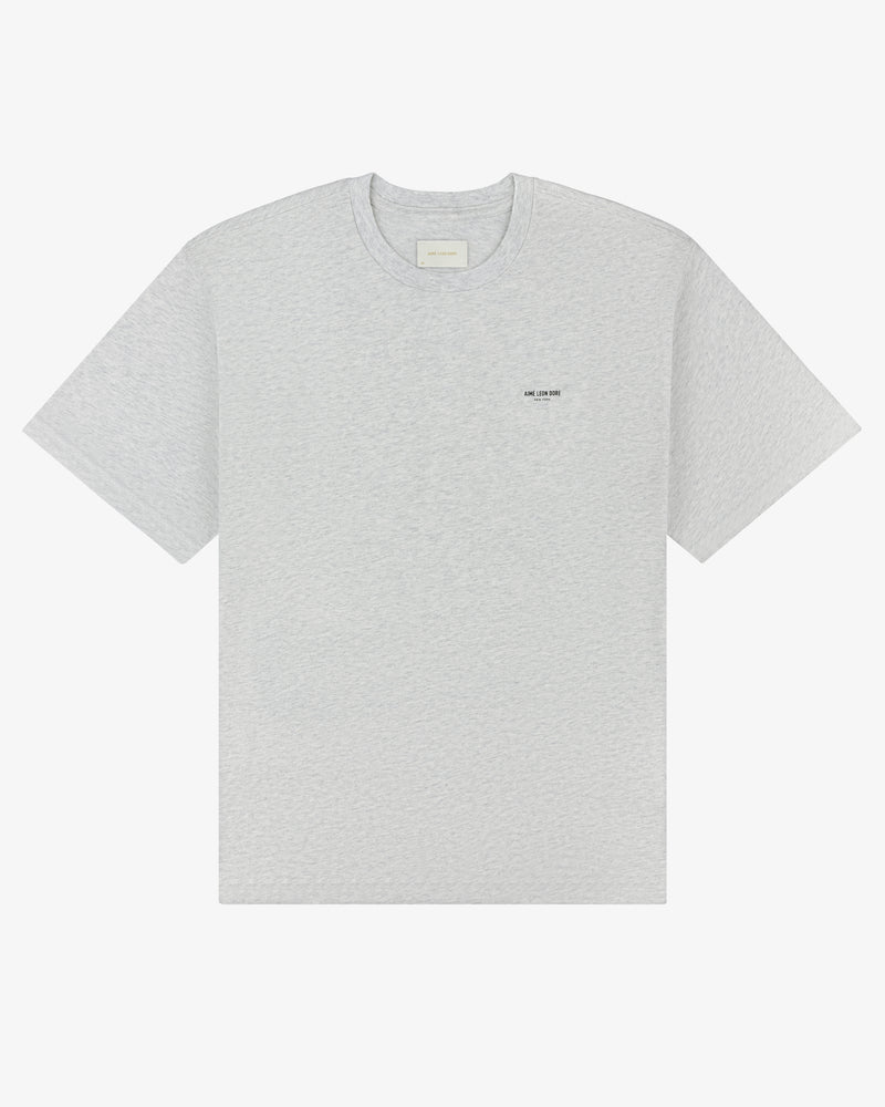 Light gray Micro Logo Tee with small black chest text, short sleeves, shown on a white background.
