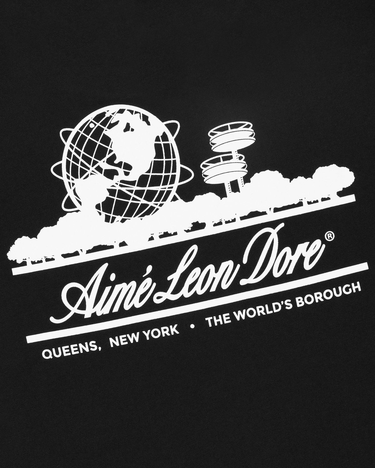 Unisphere Tee: White graphic of the Unisphere, NY Pavilion, trees & Aimé Leon Dore text on black background.