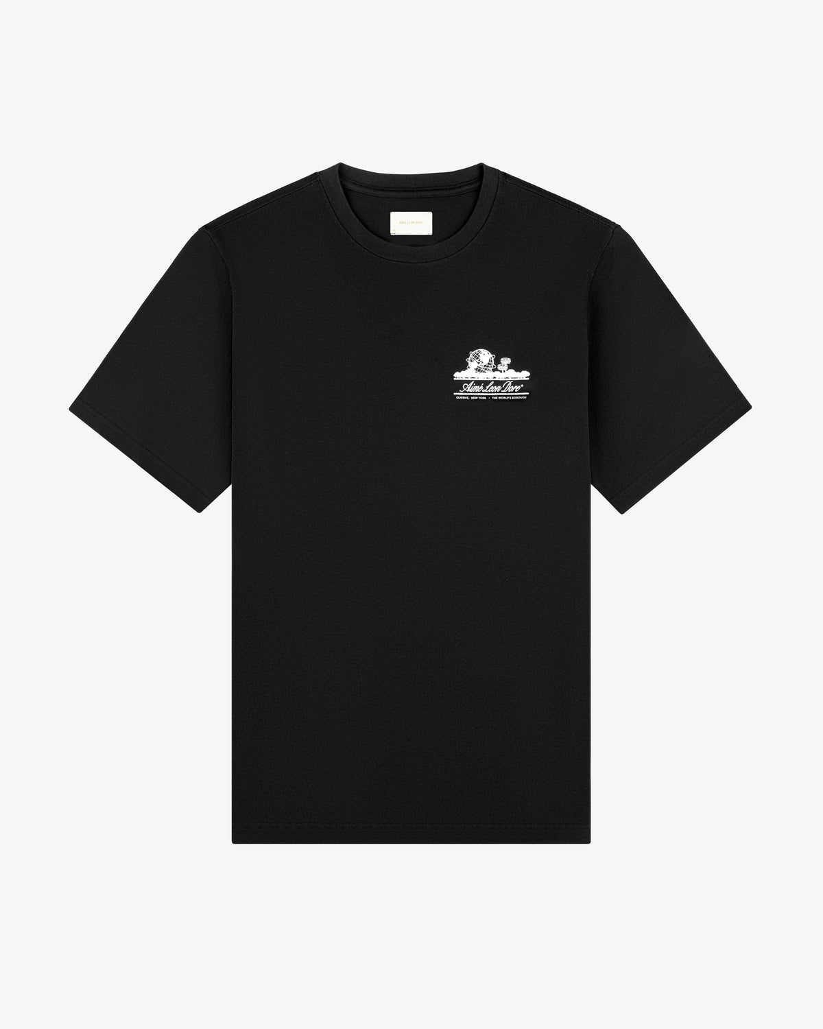 Unisphere Tee: black short-sleeve t-shirt with a small white graphic and text on the left chest.