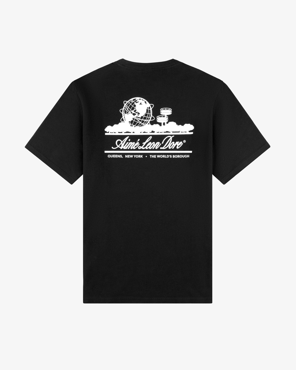 Black Unisphere Tee with white globe and buildings graphic on back, Aimé Leon Dore, Queens, New York.