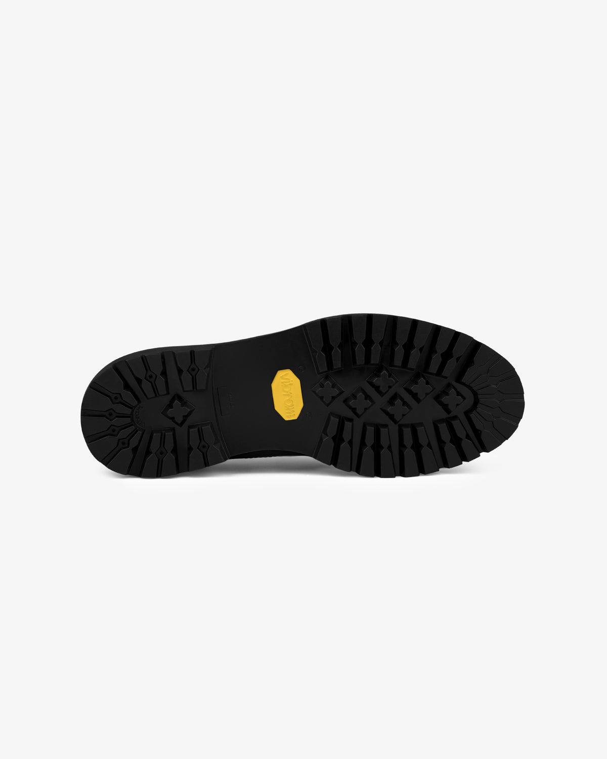 Leather Derby Hiker's black rubber sole has deep treads and a yellow hexagonal logo at the center, bottom view.