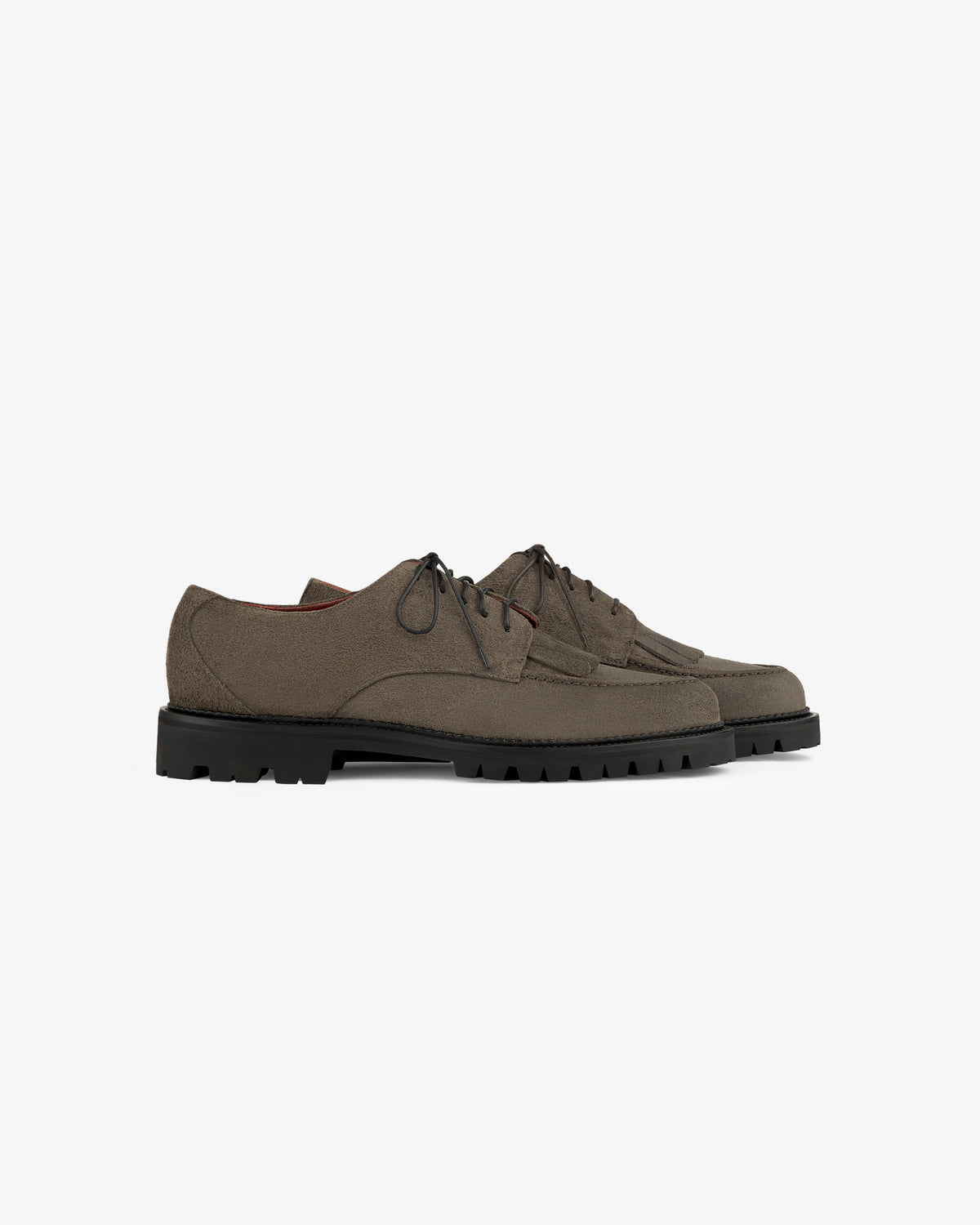 Suede Lug Sole Derby shoes in brown with thick black rubber soles, shown on a plain white background.