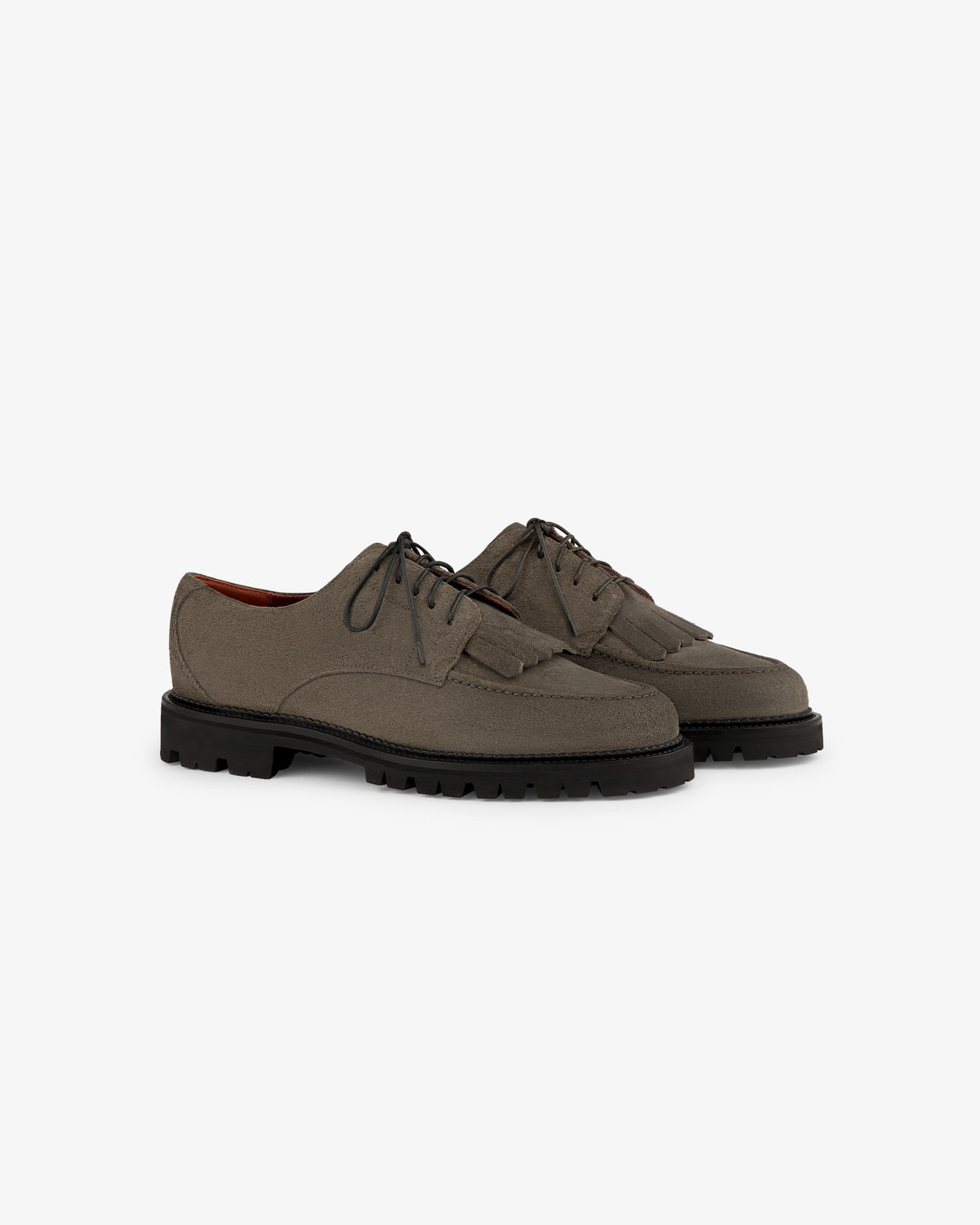 Suede Lug Sole Derby: gray suede lace-up dress shoes with chunky black soles, shown on a white background.