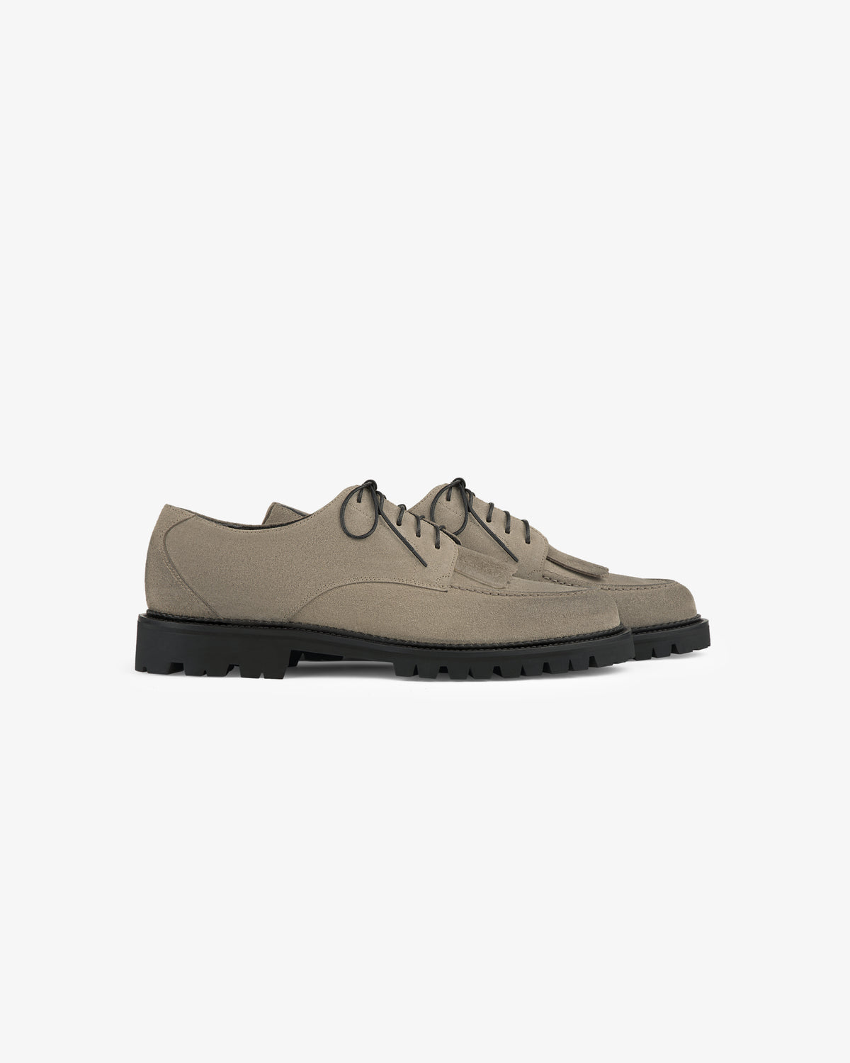 Suede Lug Sole Derby in taupe with black soles, shown side by side on a white background.