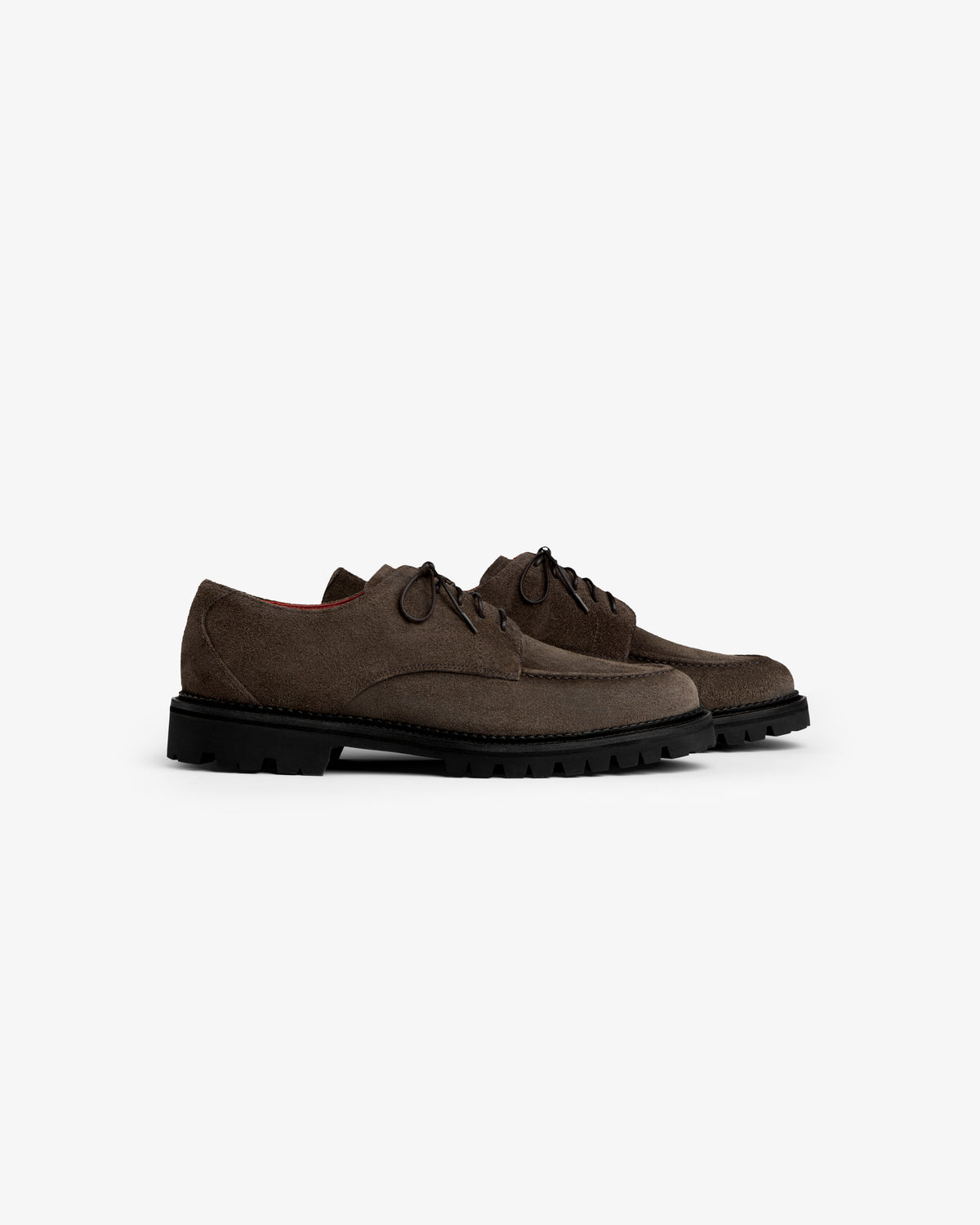 Suede Lug Sole Derby lace-up shoes in dark brown suede with thick, black lug soles.
