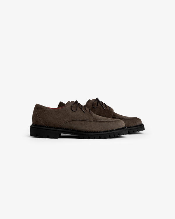 Suede Lug Sole Derby lace-up shoes in dark brown suede with thick, black lug soles.