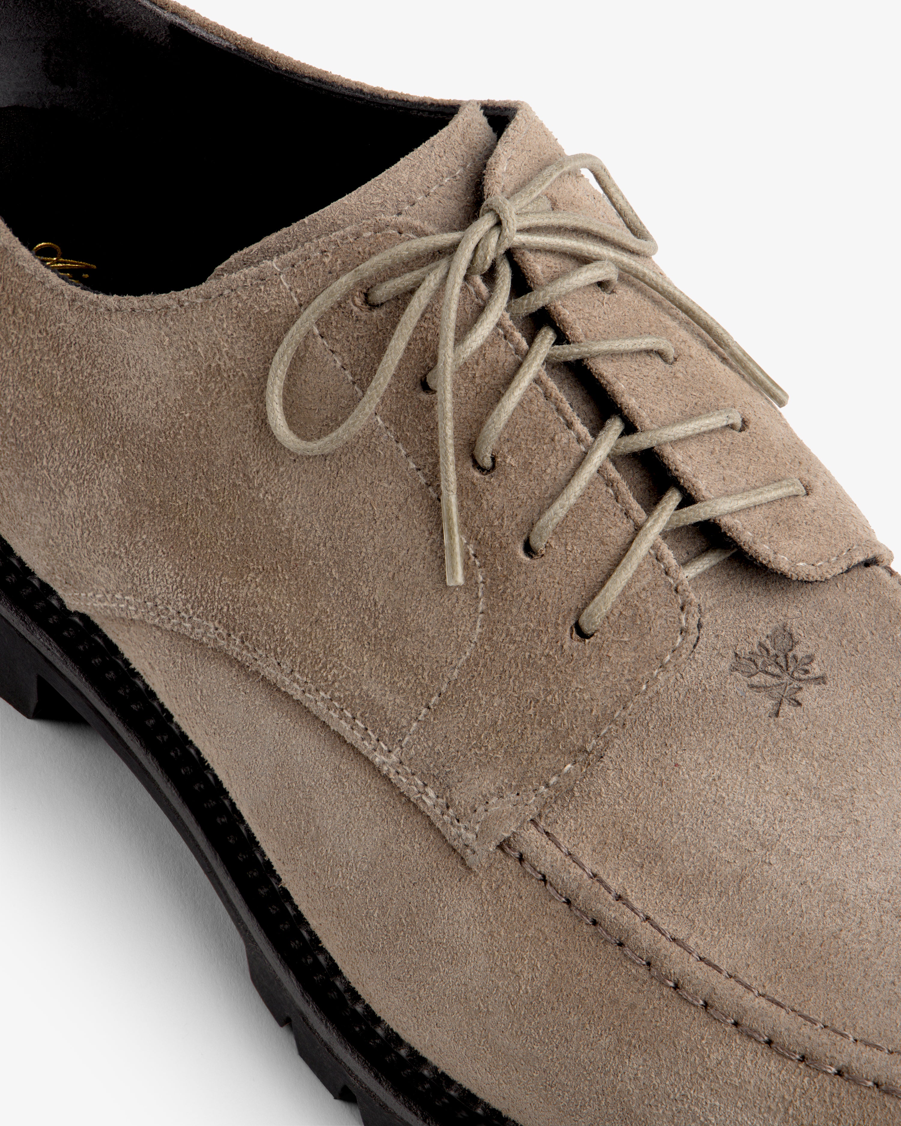 Suede Lug Sole Derby in taupe suede with matching laces and a thick black lug sole.