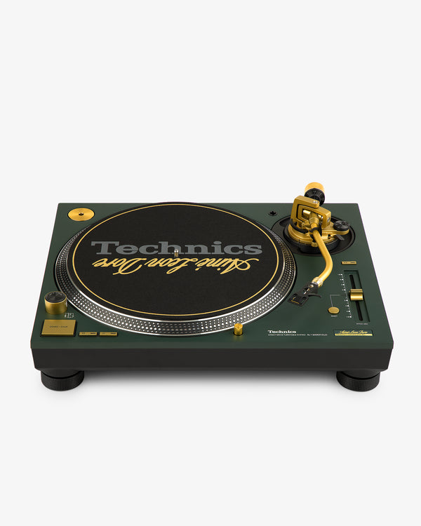 ALD / Technics SL-1200M7ALD turntable in green and gold with Keith Haring Love slipmat and gold tonearm.
