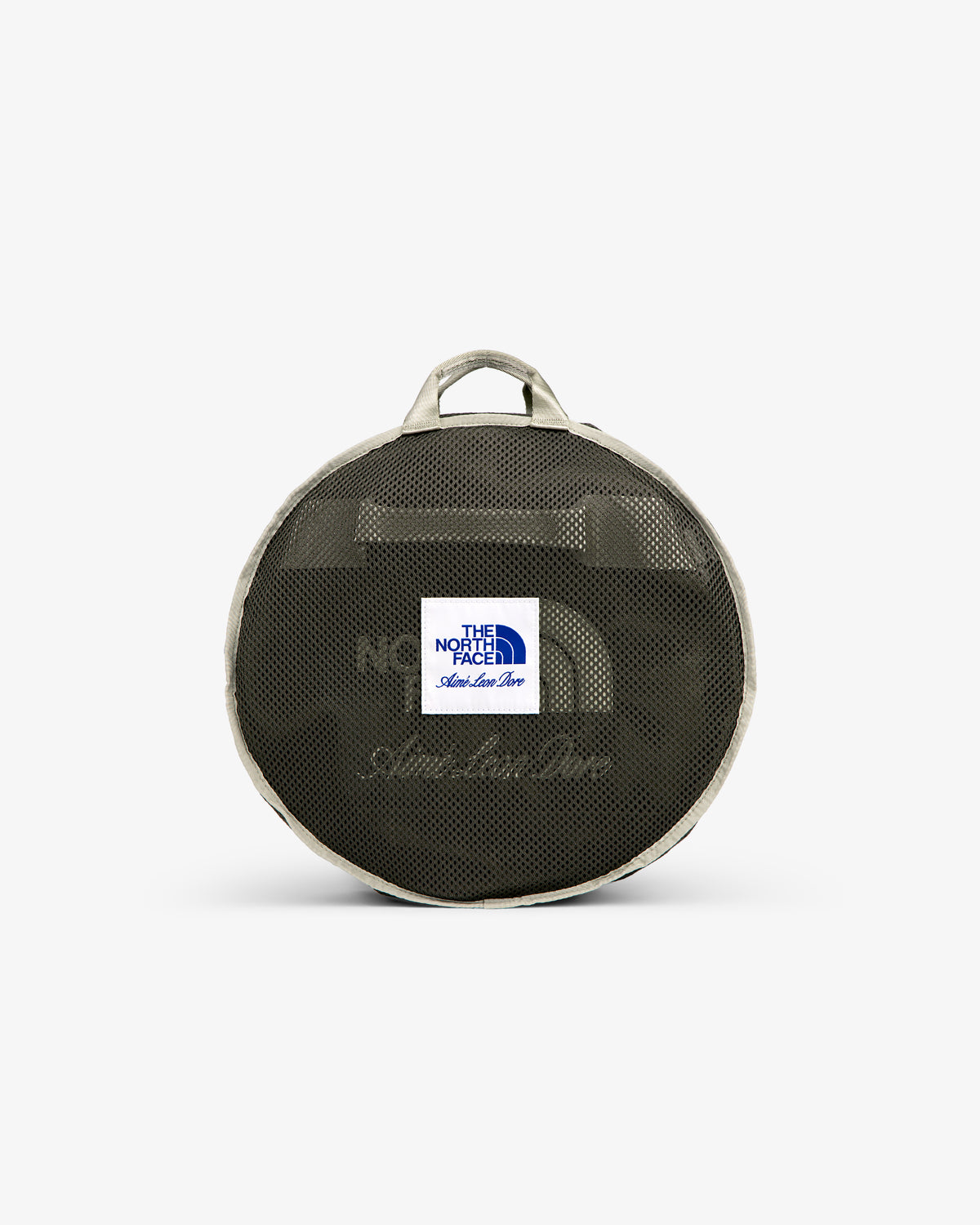Small round mesh duffel with gray trim, handle, and white “The North Face” label—ALD / The North Face Base Camp Duffel.