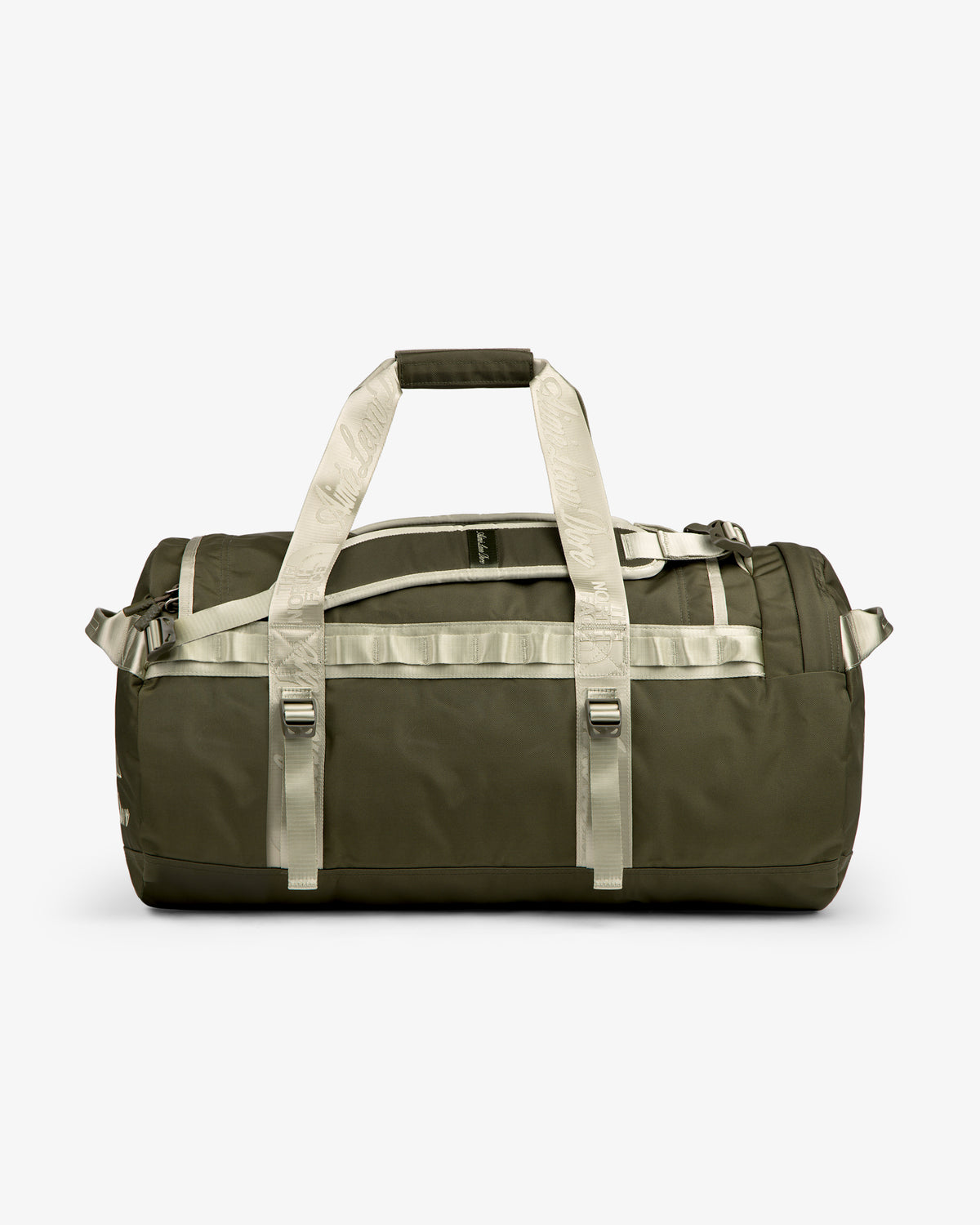 ALD / The North Face Base Camp Duffel in olive green with beige handles and straps, shown on a white background.