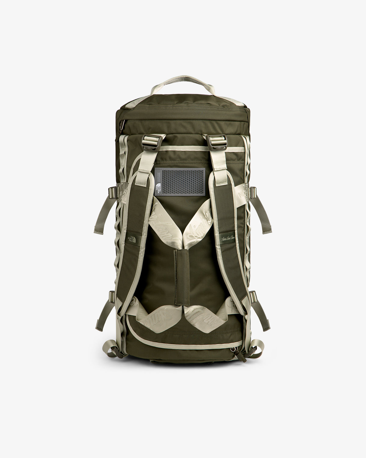ALD / The North Face Base Camp Duffel in olive green and beige, shown from the back with straps and mesh panel.