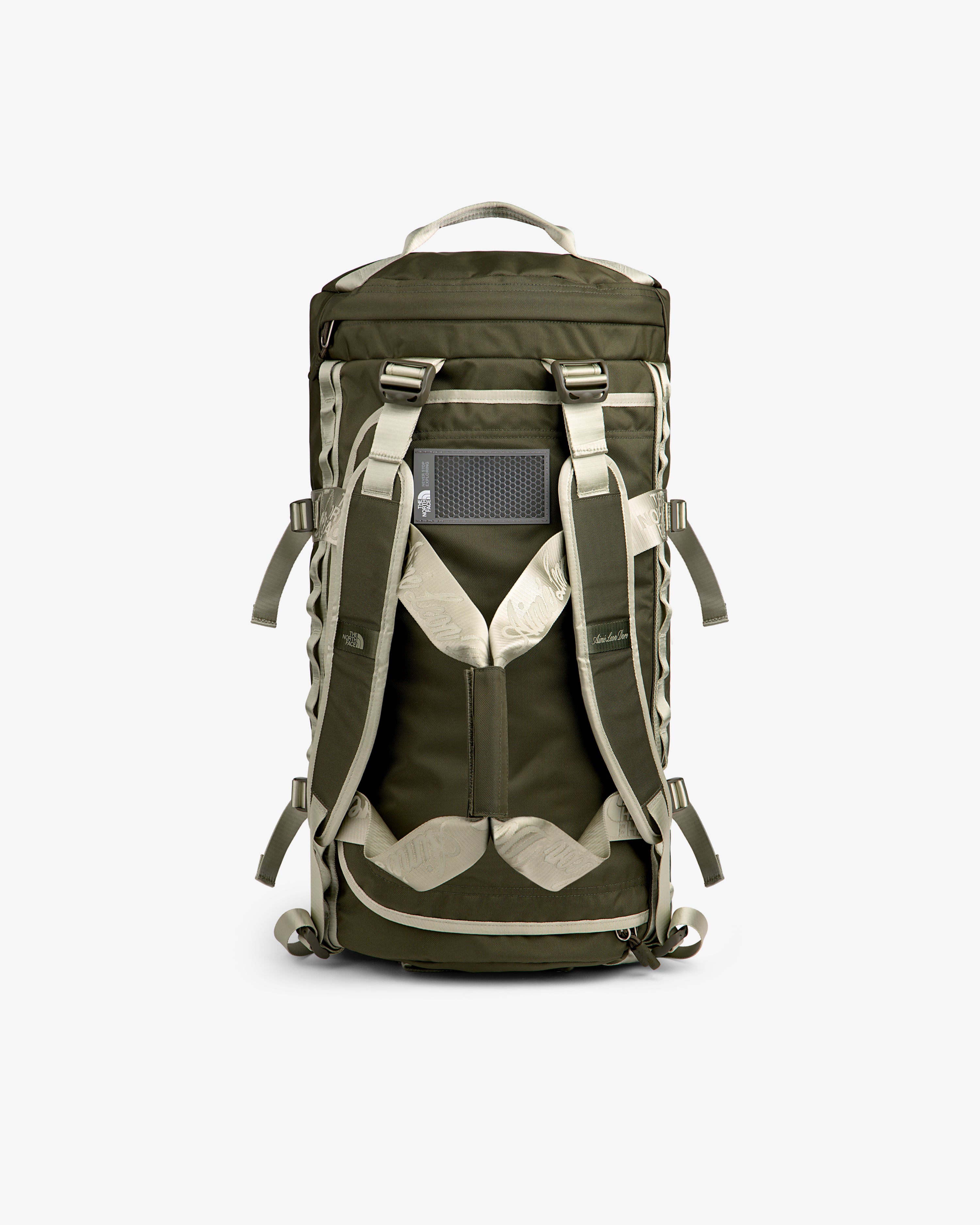 ALD / The North Face Base Camp Duffel in olive green and beige, shown from the back with straps and mesh panel.