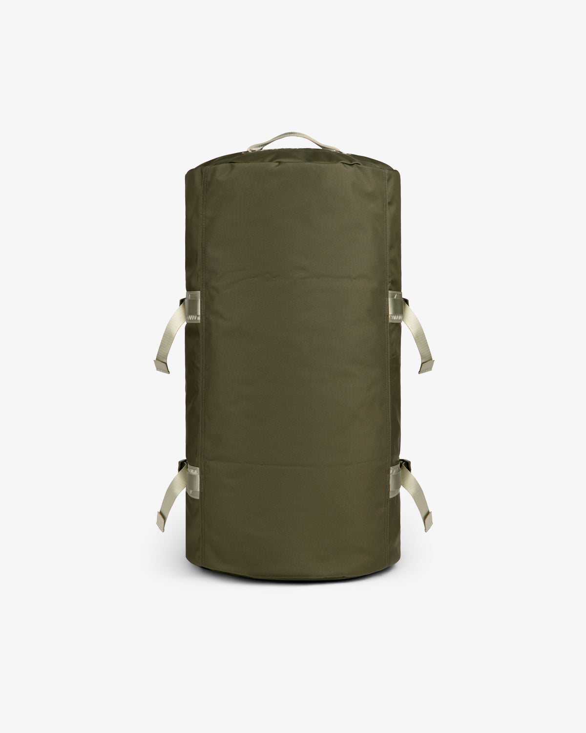 ALD / The North Face Base Camp Duffel in olive green with beige straps, displayed upright on a white background.