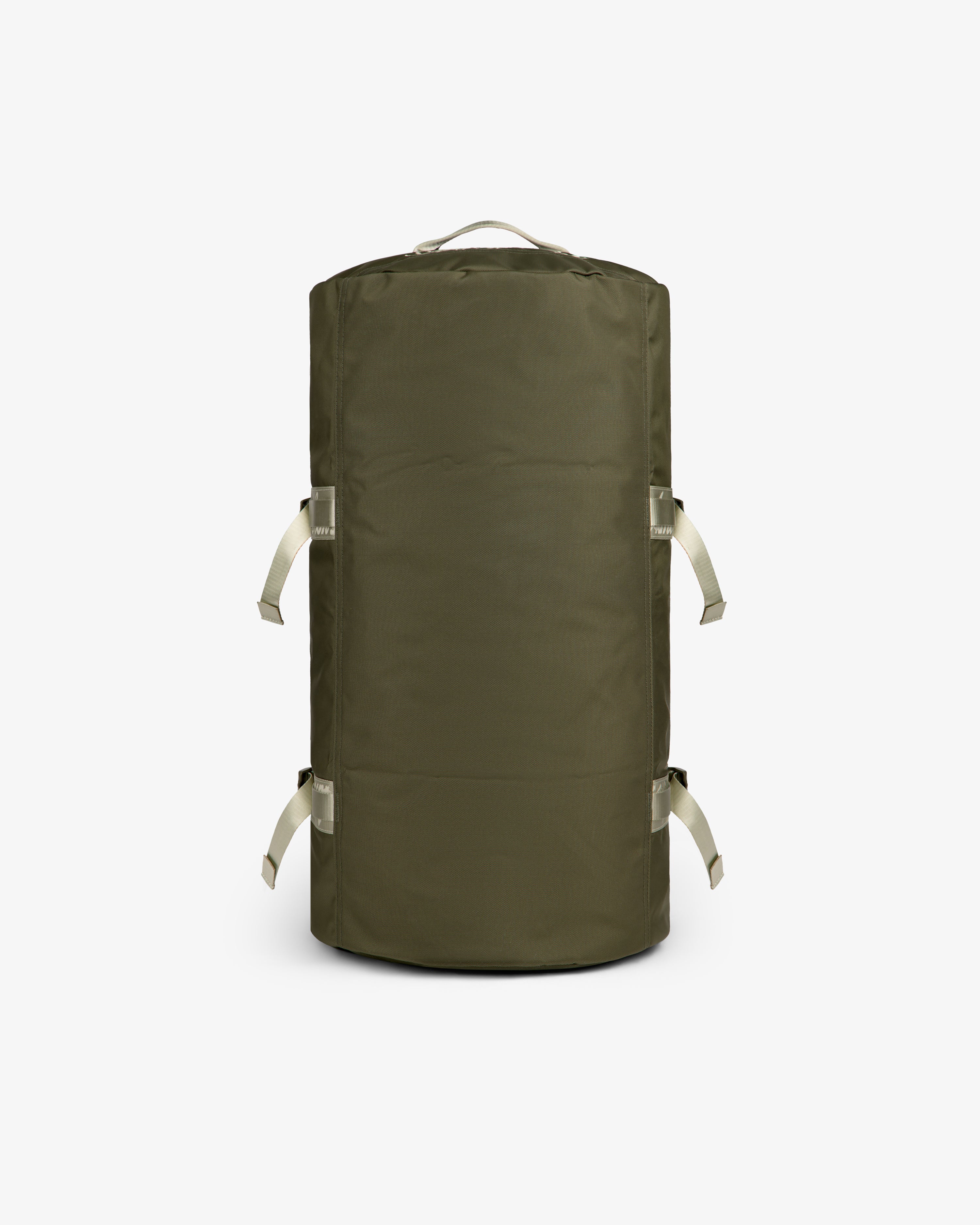 ALD / The North Face Base Camp Duffel in olive green with beige straps, displayed upright on a white background.