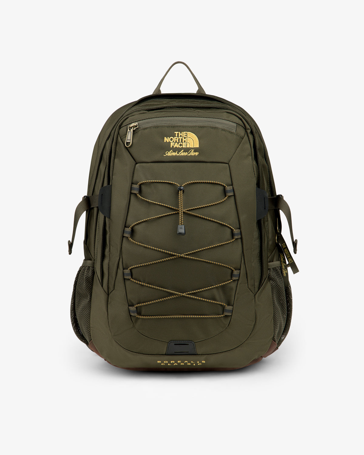 Olive green ALD / The North Face Borealis Backpack with bungee cord, side pockets, and yellow logo on white background.