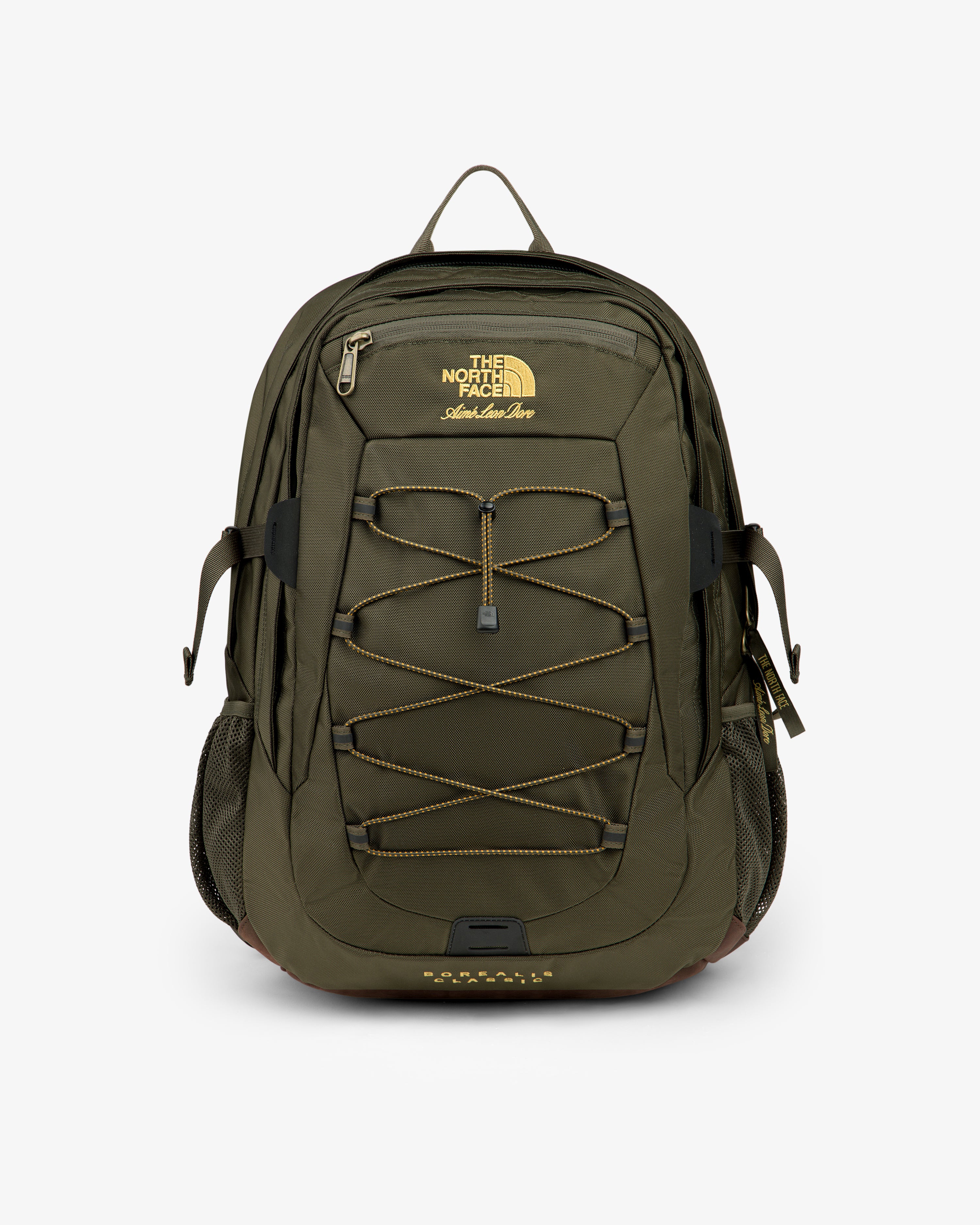 Olive green ALD / The North Face Borealis Backpack with bungee cord, side pockets, and yellow logo on white background.