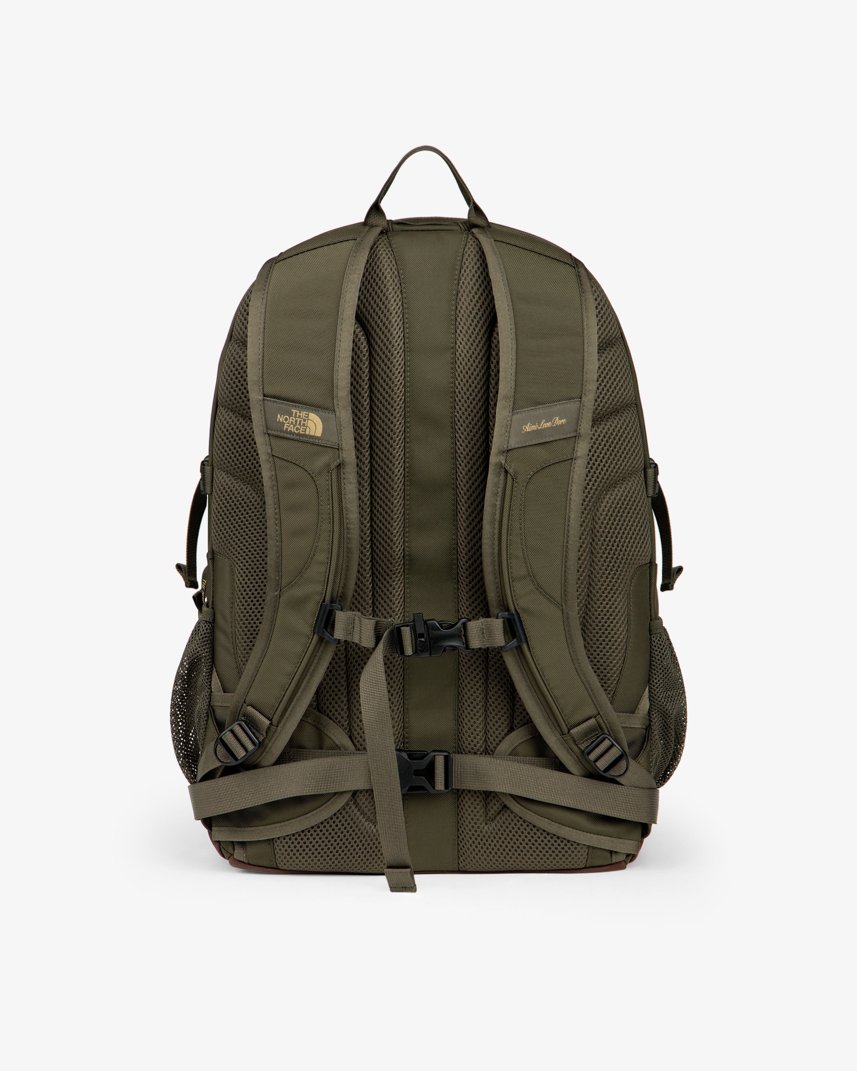 ALD/The North Face Borealis in olive, rear view—padded straps, chest buckle, mesh back & side pockets shown.