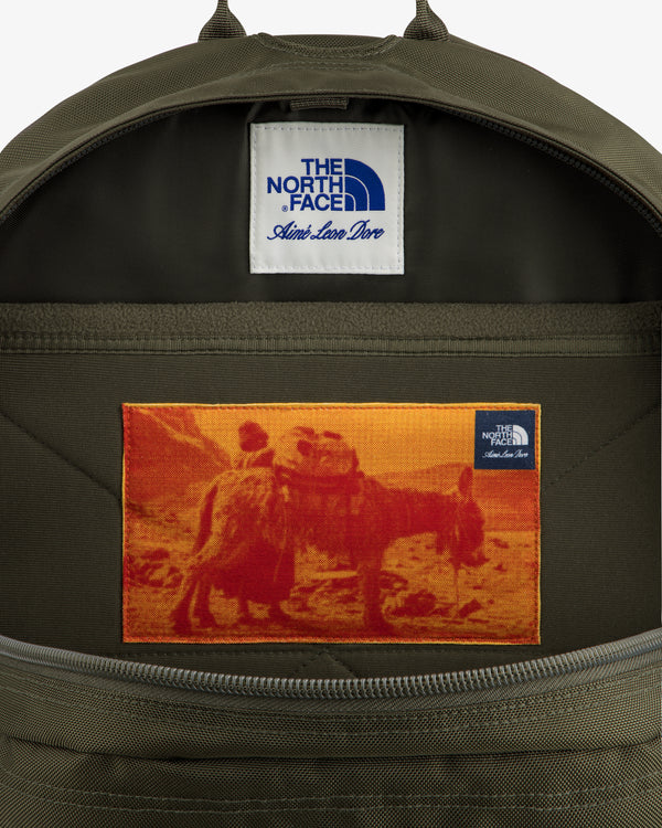 A green ALD / The North Face Borealis Backpack features a camel rider patch and visible logo labels.