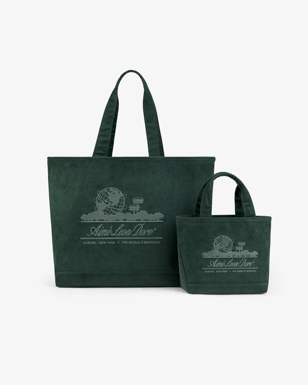 A large and a small dark green Mini Corduroy Unisphere Tote Bag, each with an embroidered logo and brand text.