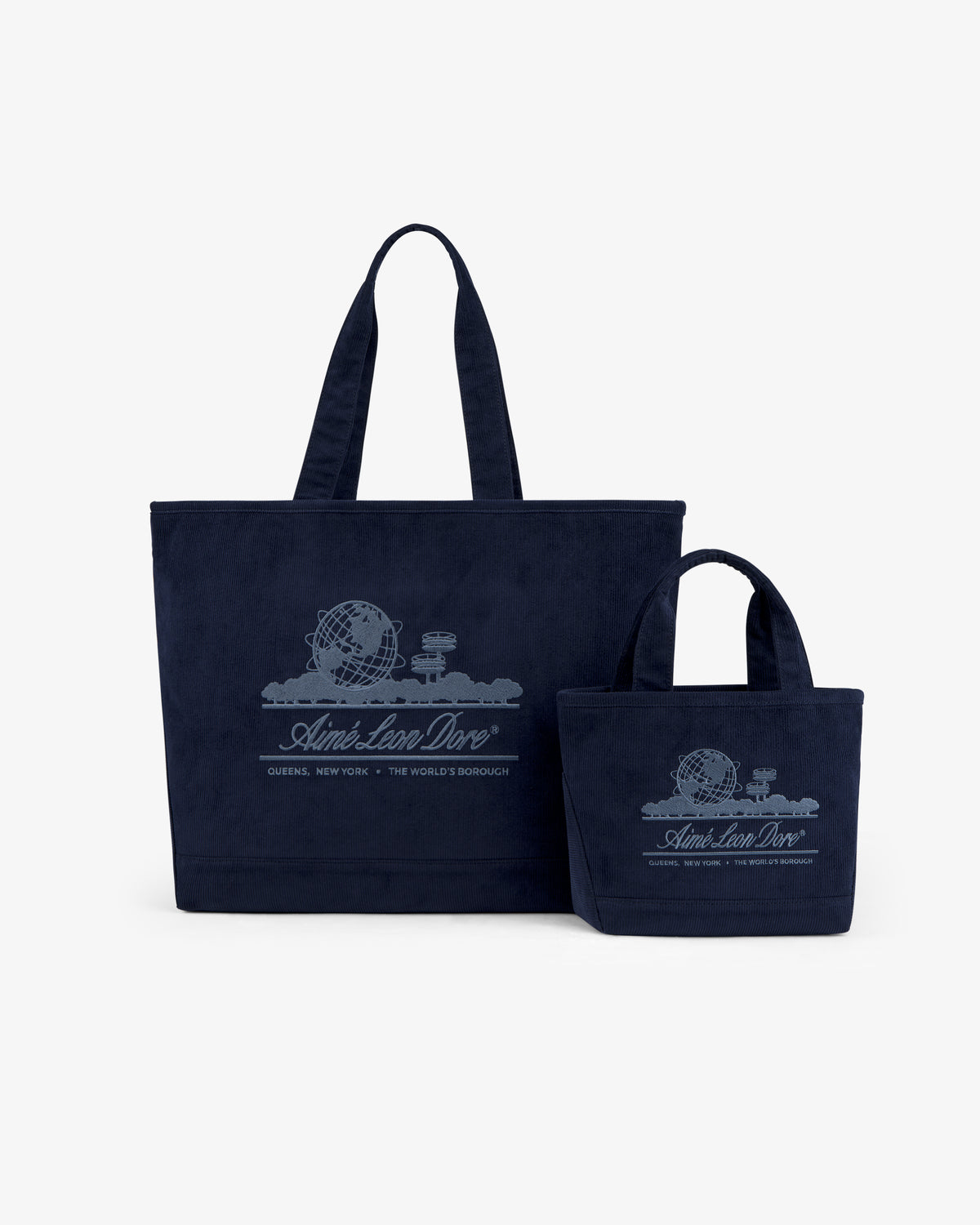 A Large Corduroy Unisphere Tote Bag and a smaller navy corduroy tote, both with an embroidered logo and brand text.