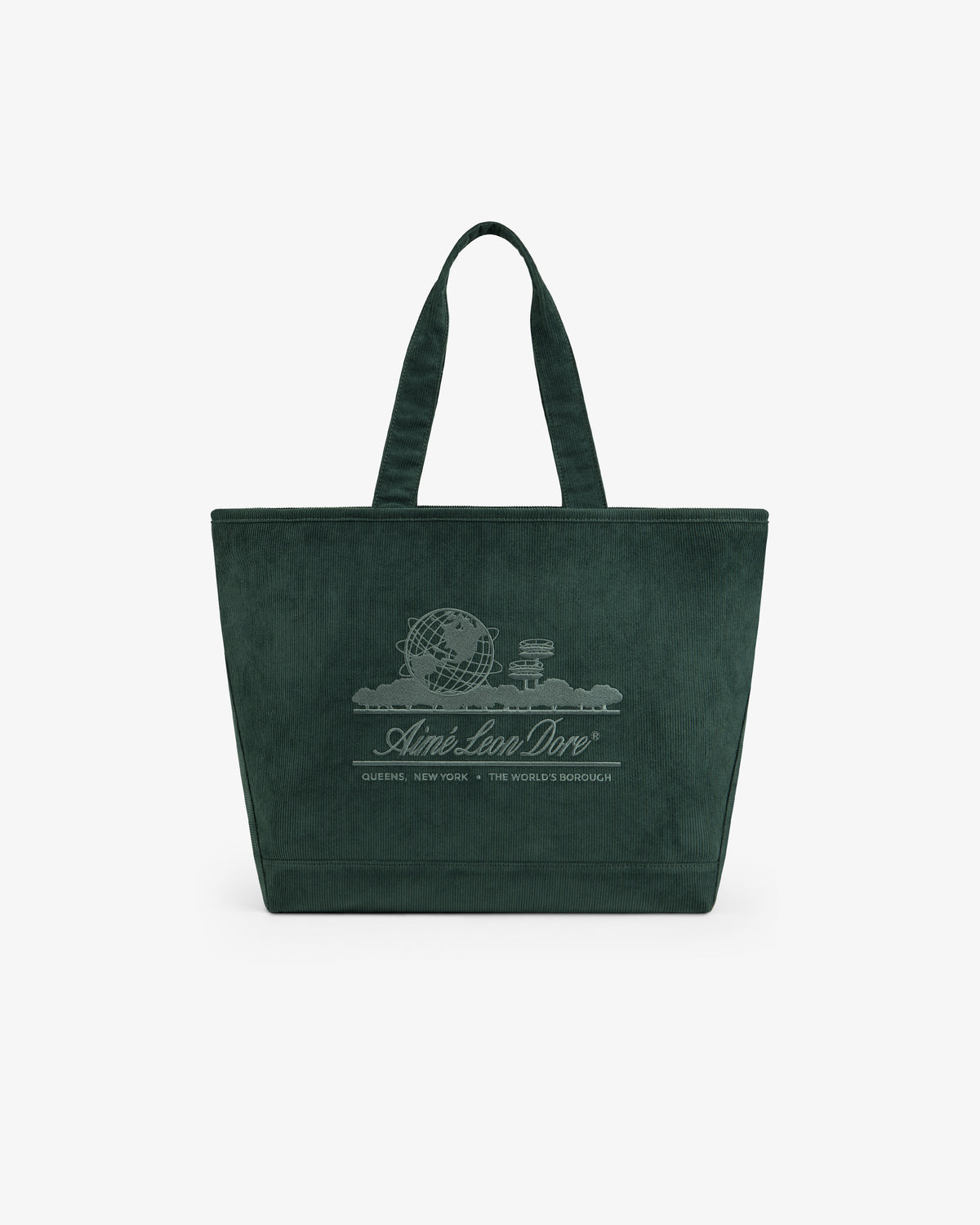 Large Corduroy Unisphere Tote Bag in dark green, featuring an embroidered globe logo and text.