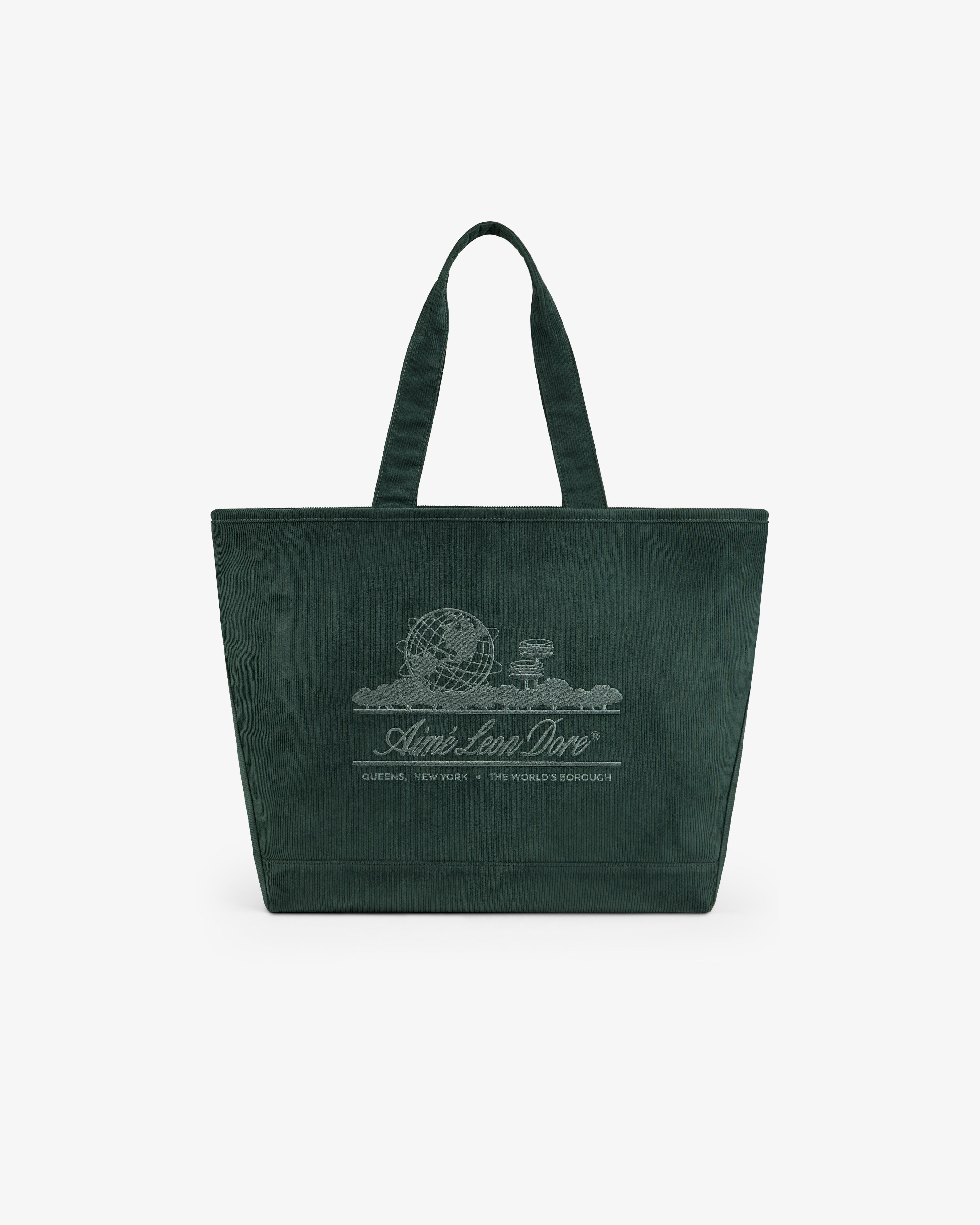 Large Corduroy Unisphere Tote Bag in dark green, featuring an embroidered globe logo and text.