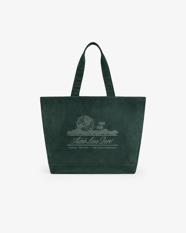 Large Corduroy Unisphere Tote Bag in dark green, featuring an embroidered globe logo and text.