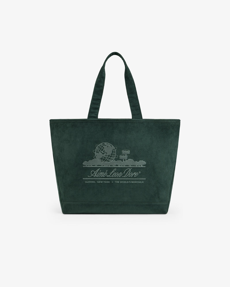Large Corduroy Unisphere Tote Bag in dark green, featuring an embroidered globe logo and text.