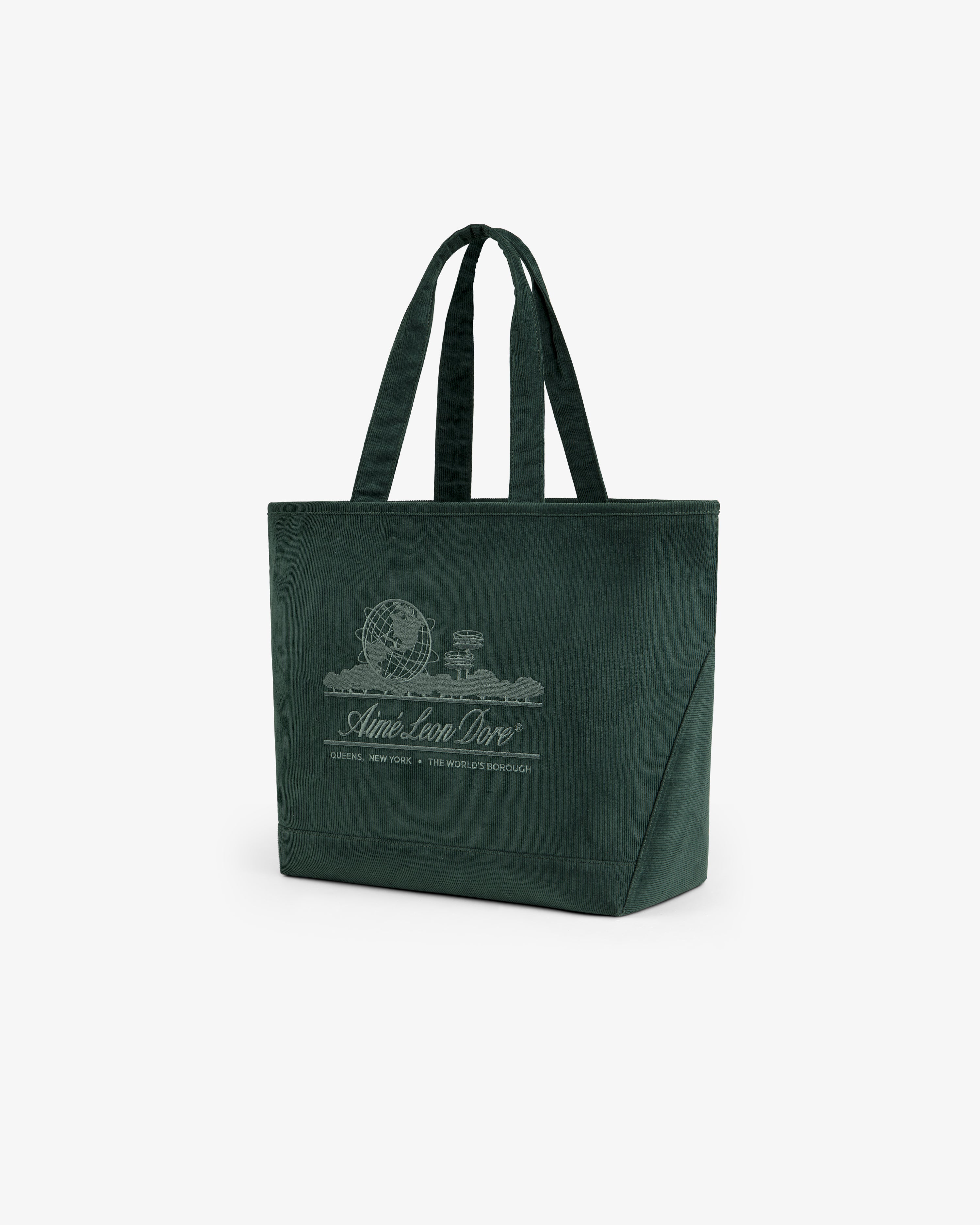 Large Corduroy Unisphere Tote Bag in dark green with a white Unisphere graphic and text on the front.