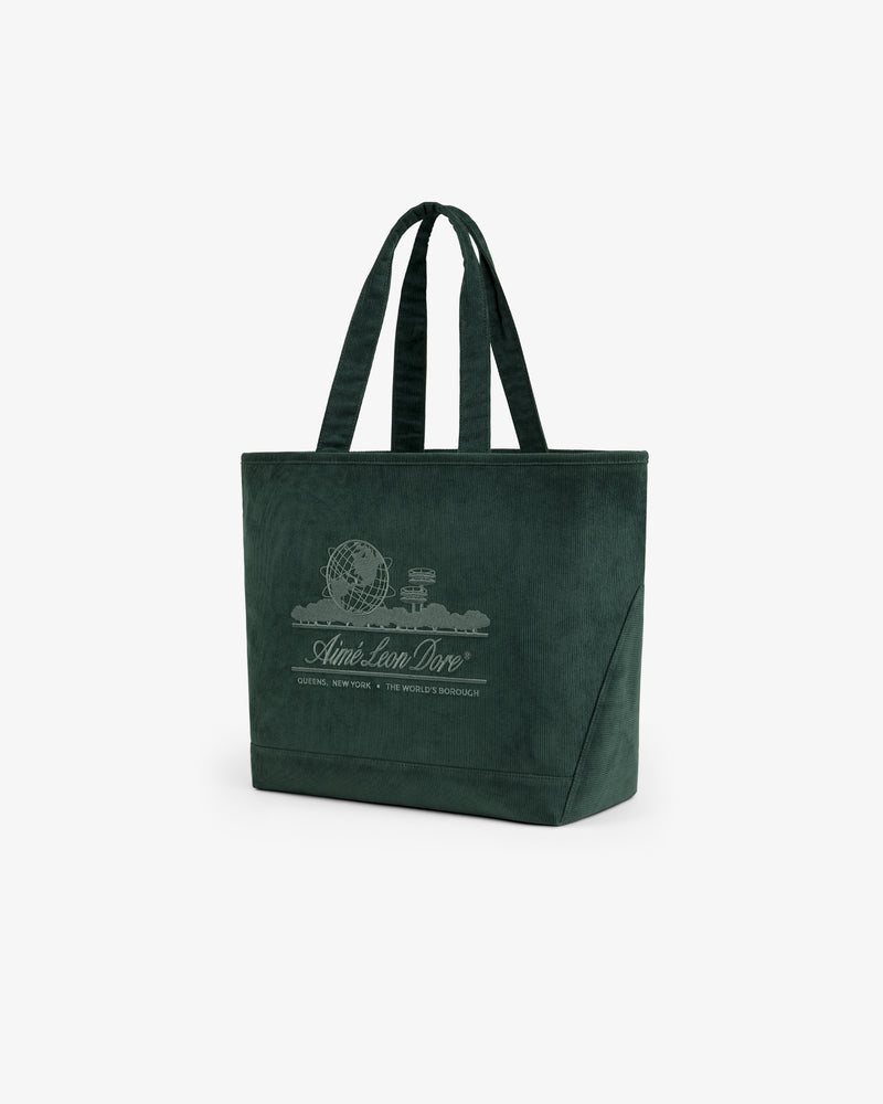 Large Corduroy Unisphere Tote Bag in dark green with a white Unisphere graphic and text on the front.