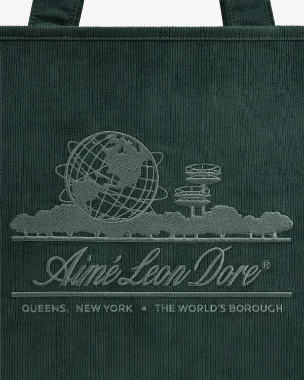 Large Corduroy Unisphere Tote Bag in dark green, embroidered with the Unisphere globe, park trees, and brand text.