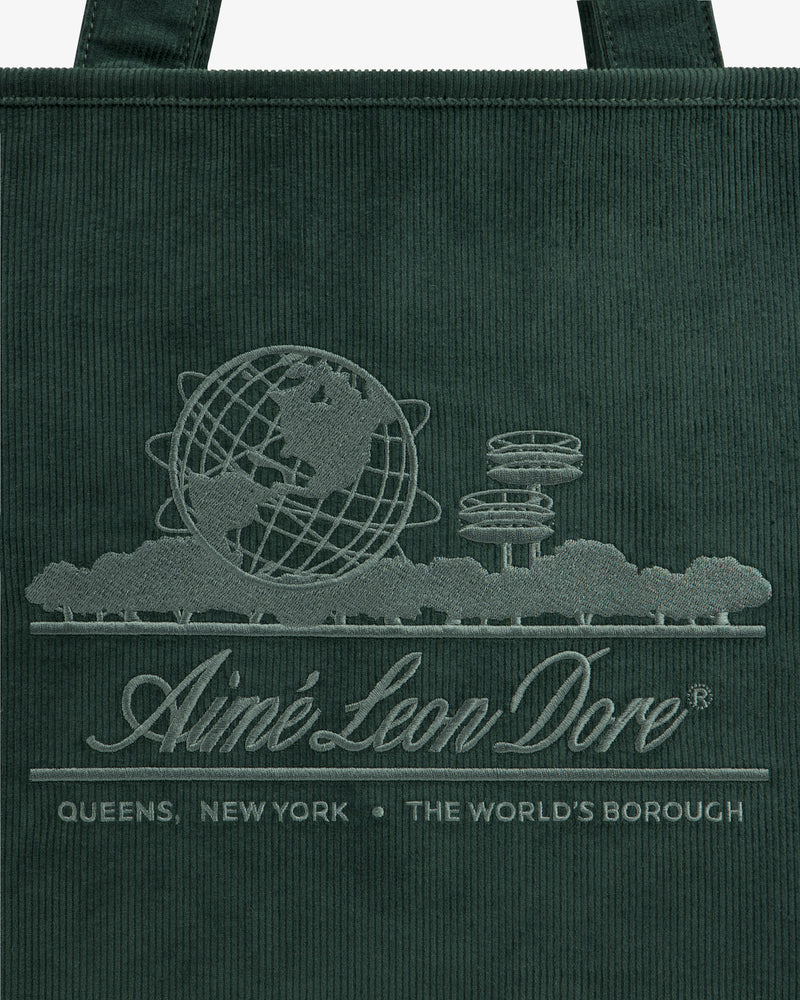 Large Corduroy Unisphere Tote Bag in dark green, embroidered with the Unisphere globe, park trees, and brand text.
