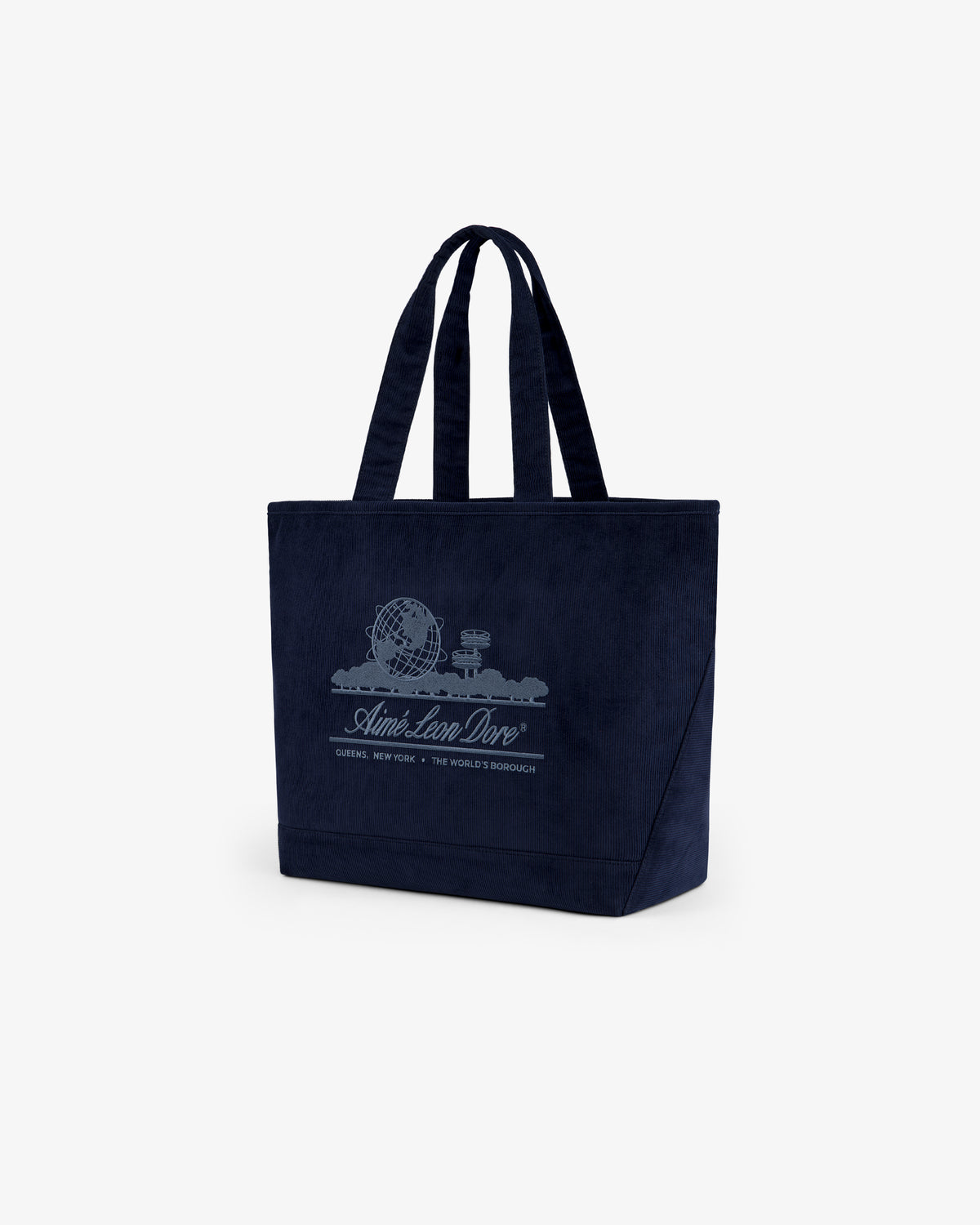 Navy blue corduroy Large Corduroy Unisphere Tote Bag featuring an Unisphere graphic and brand text.