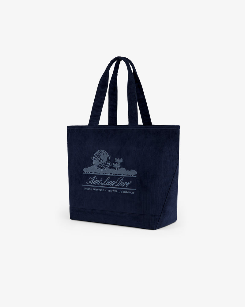Navy blue corduroy Large Corduroy Unisphere Tote Bag featuring an Unisphere graphic and brand text.