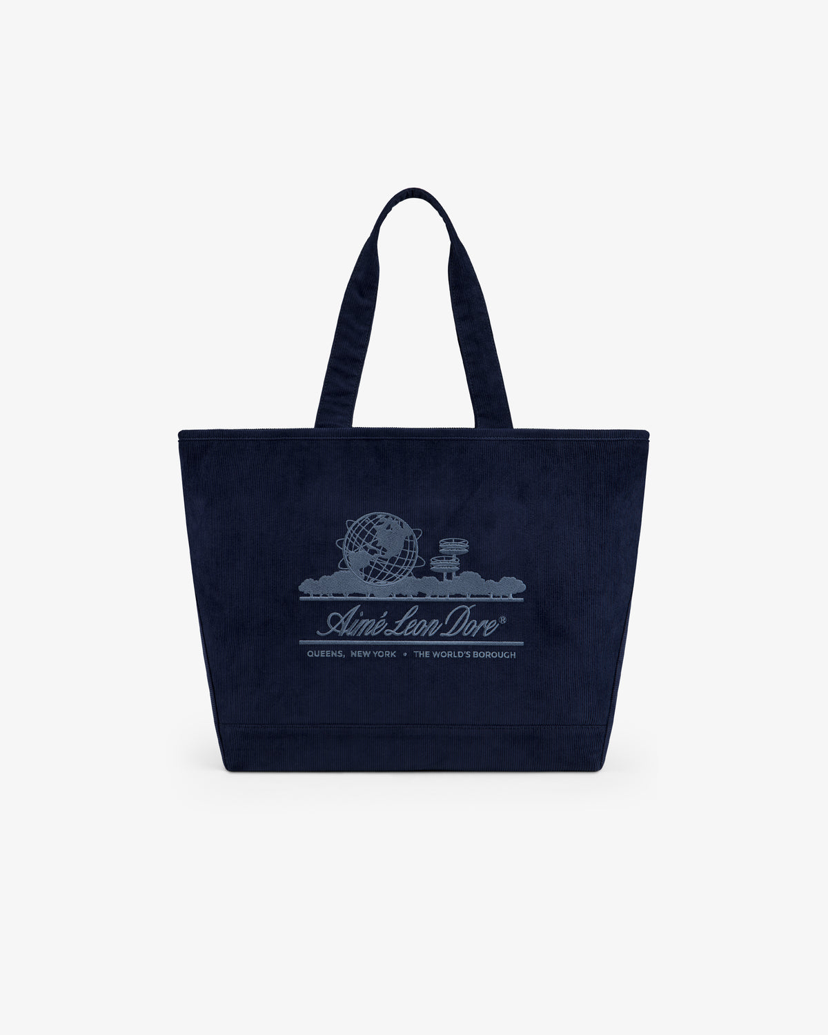 Navy blue corduroy Large Corduroy Unisphere Tote Bag with an embroidered globe logo and Aimé Leon Dore text.