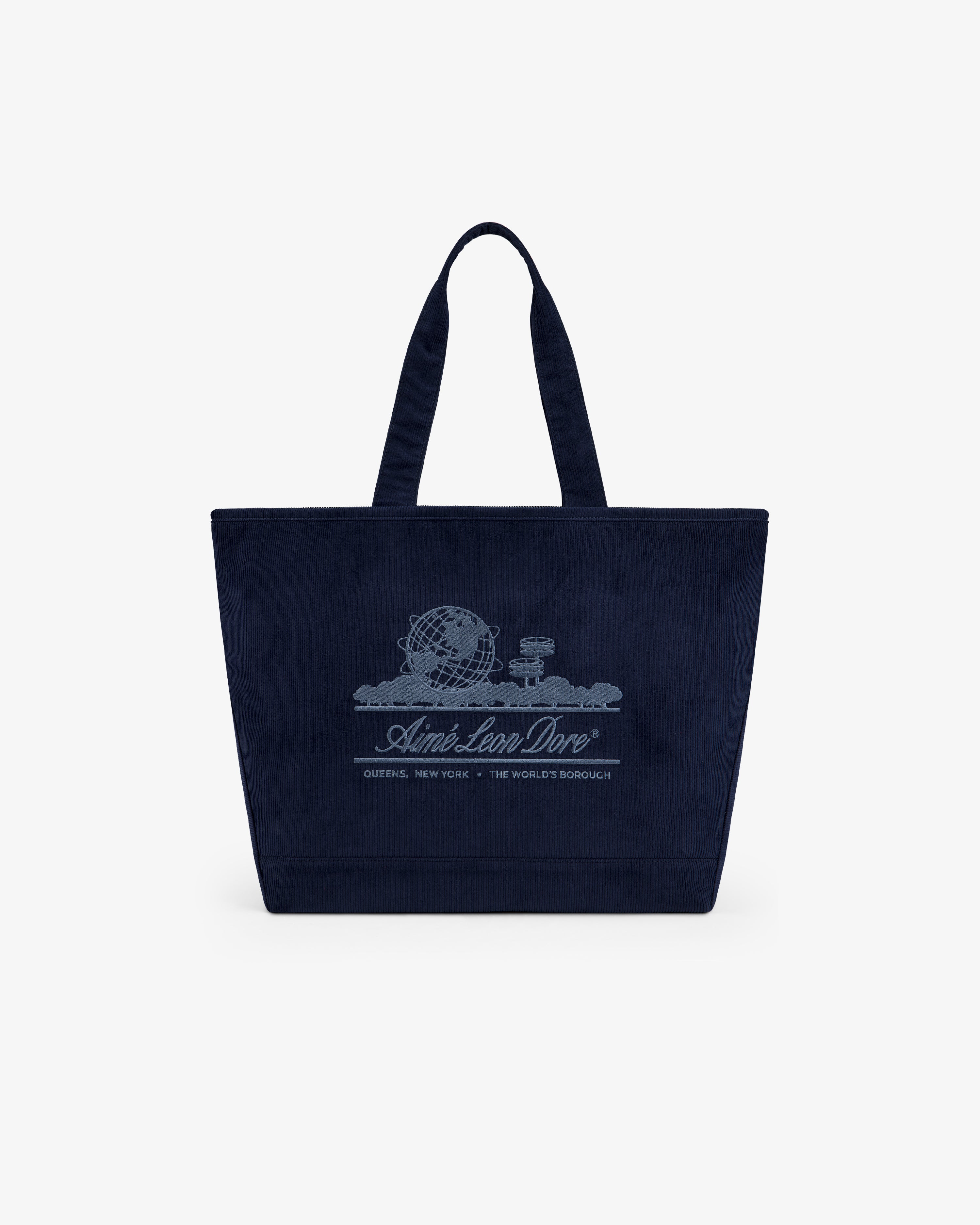 Navy blue corduroy Large Corduroy Unisphere Tote Bag with an embroidered globe logo and Aimé Leon Dore text.