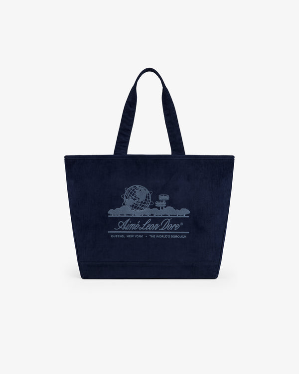 Navy blue corduroy Large Corduroy Unisphere Tote Bag with an embroidered globe logo and Aimé Leon Dore text.