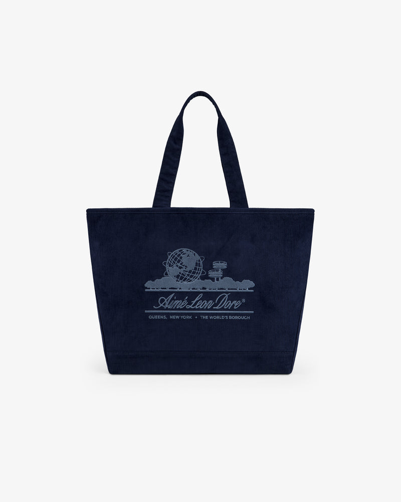 Navy blue corduroy Large Corduroy Unisphere Tote Bag with an embroidered globe logo and Aimé Leon Dore text.