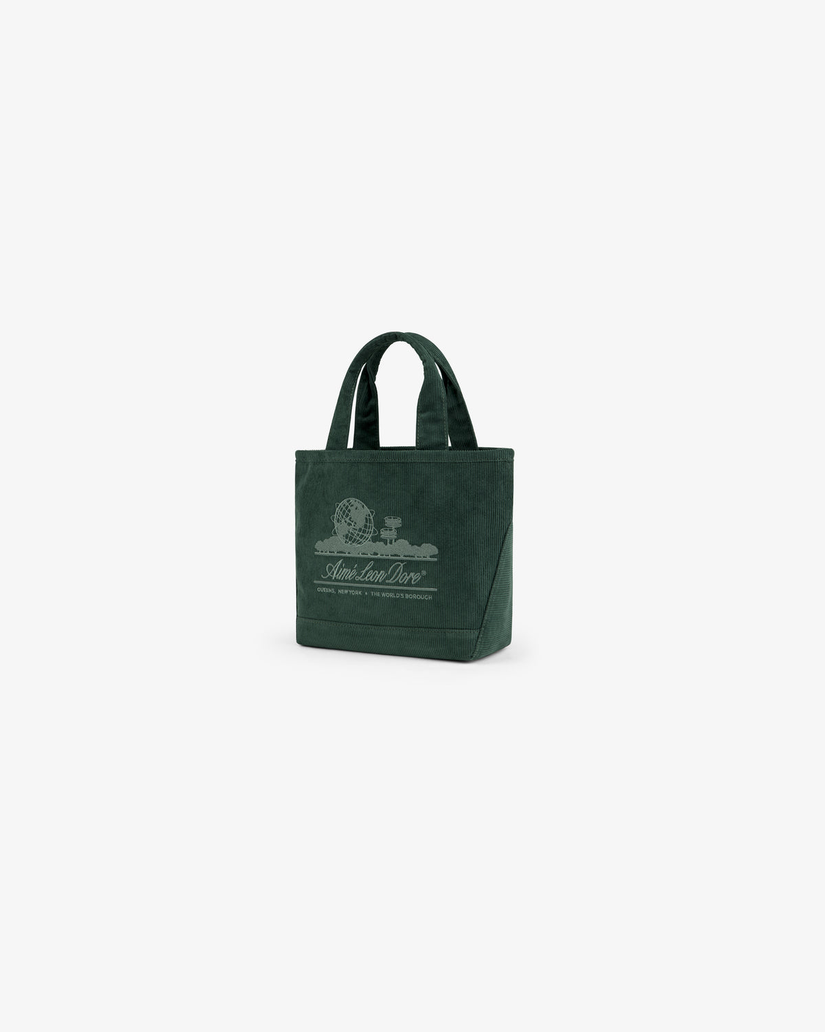 Dark green Mini Corduroy Unisphere Tote Bag featuring a graphic with a globe and branded text.